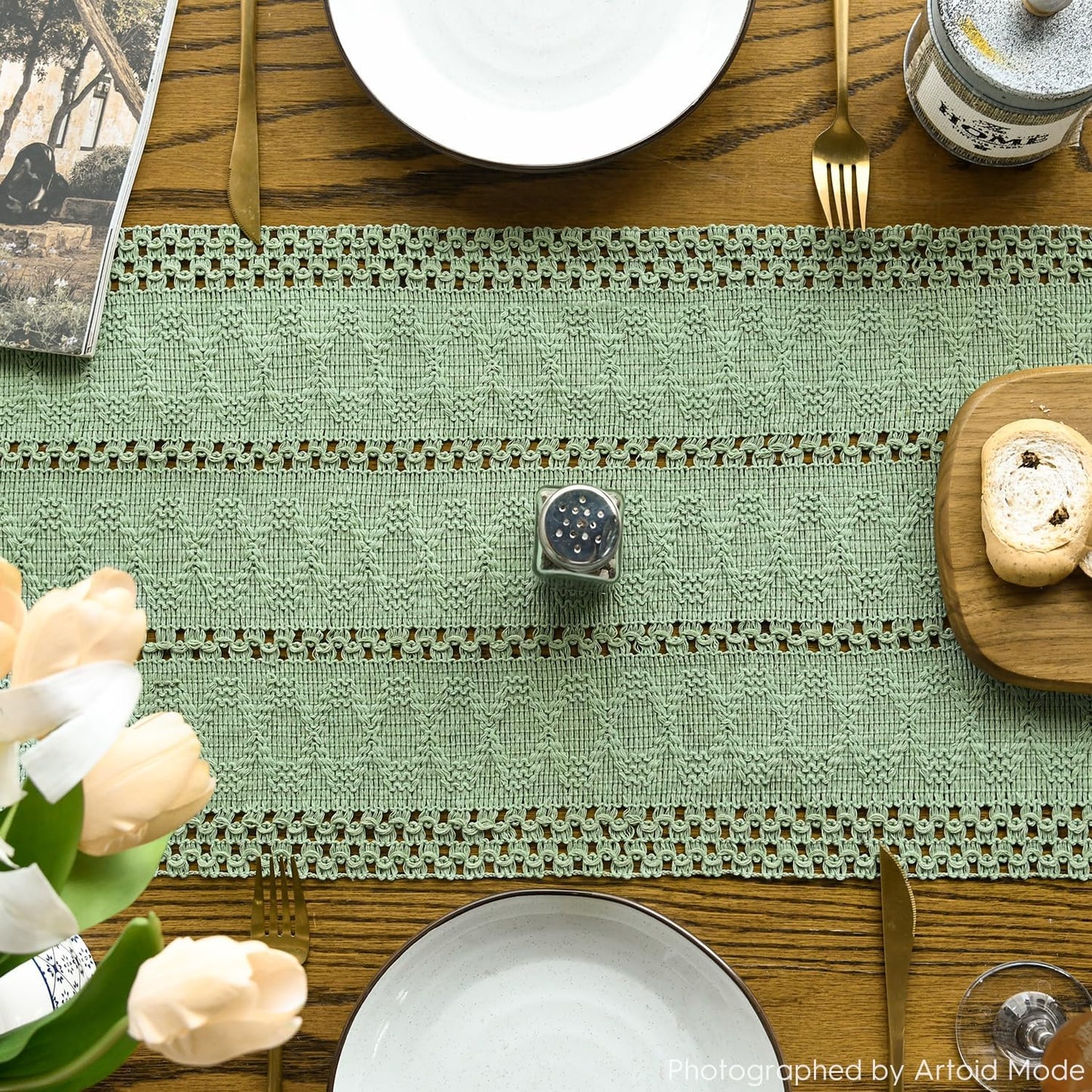 Artoid Mode Light Green Farmhouse Woven Rustic Hollow Table Runner, Seasonal Holiday Hollow Kitchen Dining Table Decoration for Home Party Decor 12x120 Inch