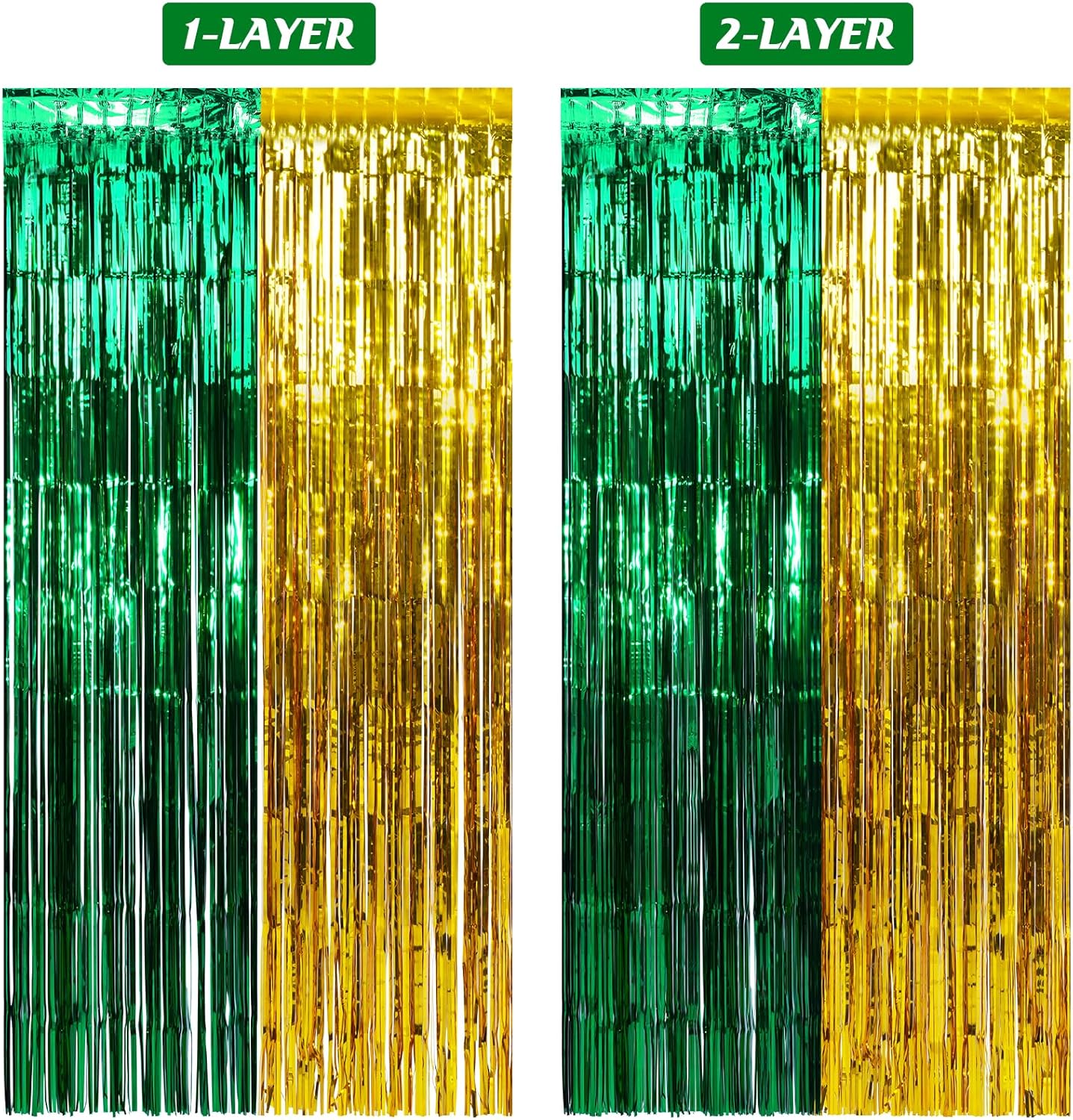 3Pack 3.3Ft x 6.6Ft Graduation Foil Fringe Curtain Backdrop Decorations, Green Gold Metallic Tinsel Foil Streamers Curtain Photo Booth Background for Graduation Prom Wedding Birthday Party Decoration