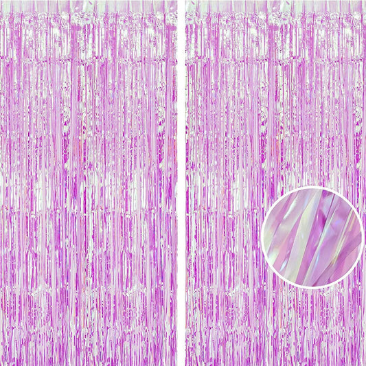 BRAVESHINE Clear Purple Party Decorations Iridescent Foil Curtain - 2 Pack 3.2 x 6.5 ft Holographic Tinsel Backdrop Party Streamers Curtains for Birthdays Valentine’s Bachelorette Bridal Shower Decor