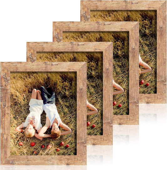 8x10 Picture Frame Set of 4, High Definition Real Glass Rustic Brown Frame, 8 x 10 Wood Photo Frames for Desktop Display and Wall Mounting