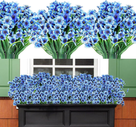 AmyHomie 20 Bundles Artificial Flowers for Outdoor UV Resistant Faux Flowers No Fade Fake Plastic Plants Garden Porch Window Box Decorating(Blue)