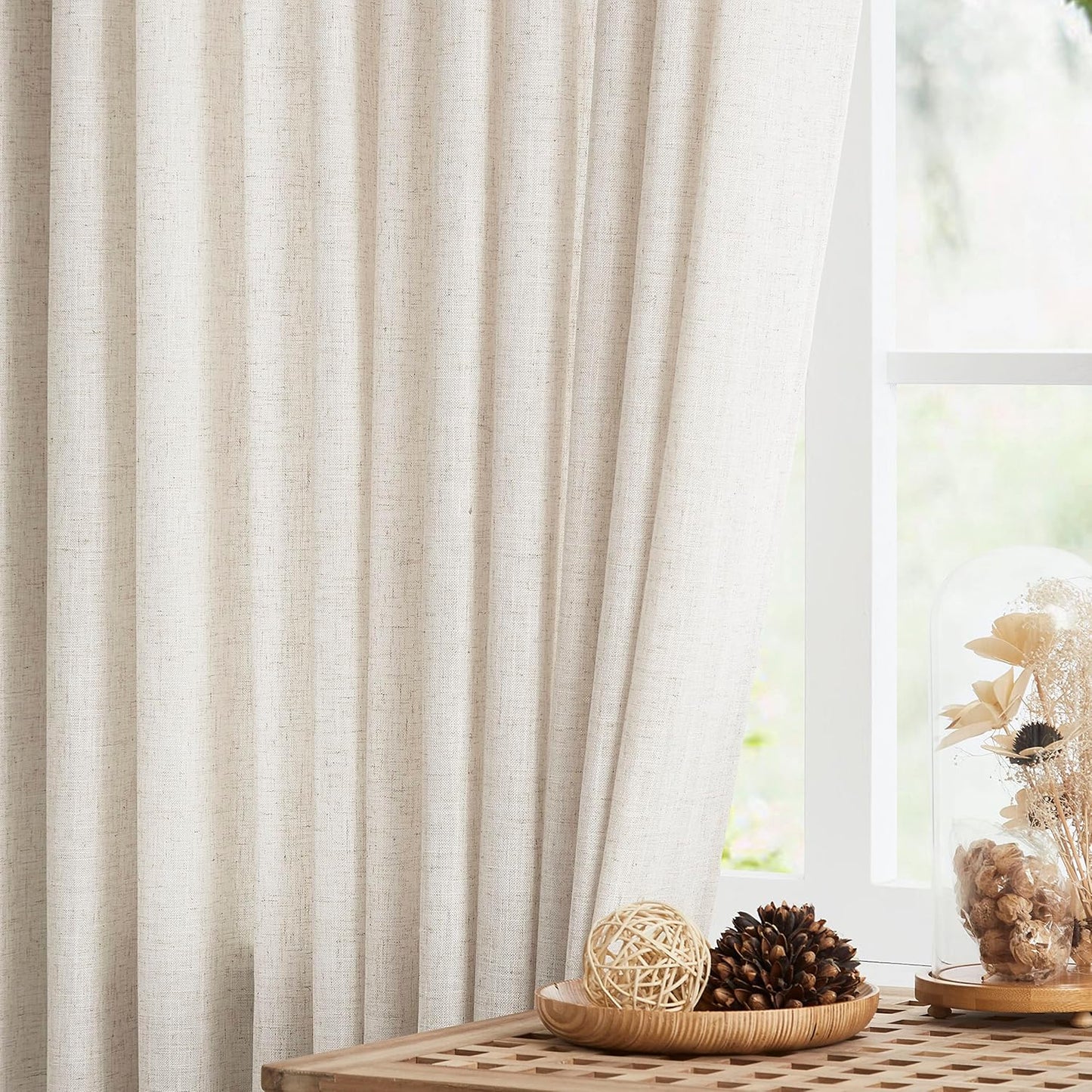 Vision Home Natural Pinch Pleated Semi Sheer Curtains Textured Linen Blended Light Filtering Window Curtains 95 inch for Living Room Bedroom Patio Pinch Pleat Drapes with Hooks 1 Panel 84" Wx95 L