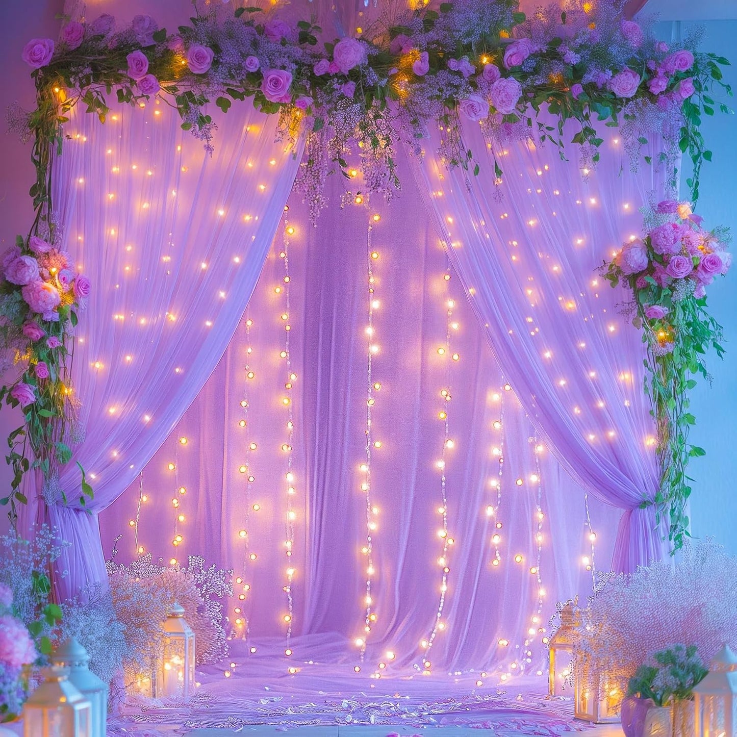 5x8ft (2 pieces) Lavender Tulle Backdrop Curtains with Lights for Party Wedding Baby Shower, Sheer Drape Backdrop Curtains for Birthday Party Photo Booth Background Decoration
