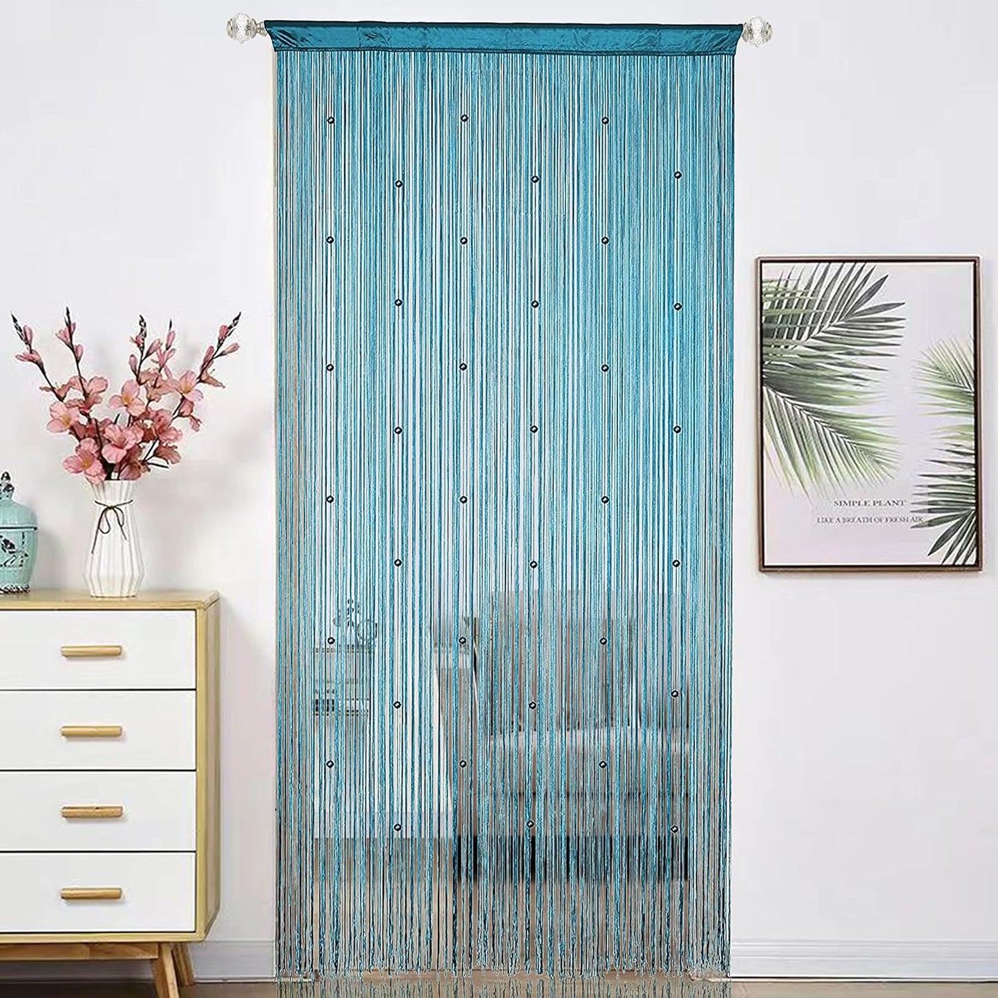 Beaded Curtain Beads Door String Curtains Ideal for Living Room Decor Wall Hanging Fringe Doorway Divider Bedroom Backdrop Hippie Window Closet Privacy Rod Pocket Dense (100x200cm,Teal Blue)