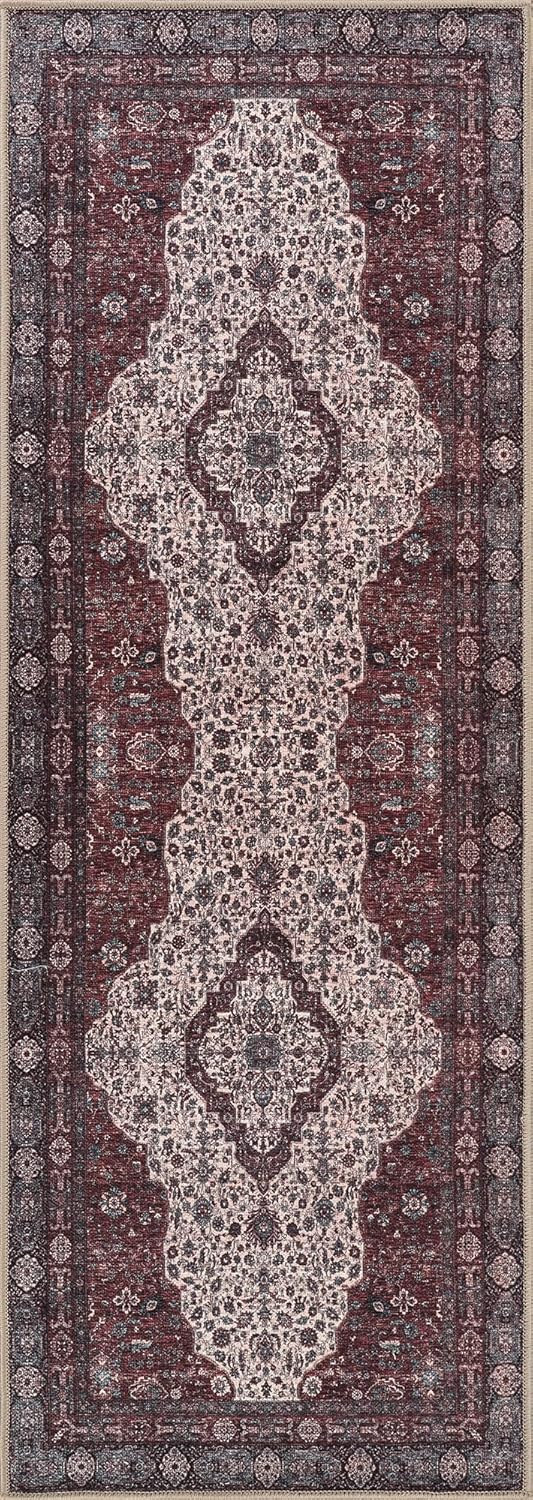 Bloom Rugs Washable Non-Slip 12 ft Runner - Red/Green/Cream Traditional Medallion Runner for Entryway, Hallway, Bathroom, and Kitchen - Exact Size: 2.5' x 12'