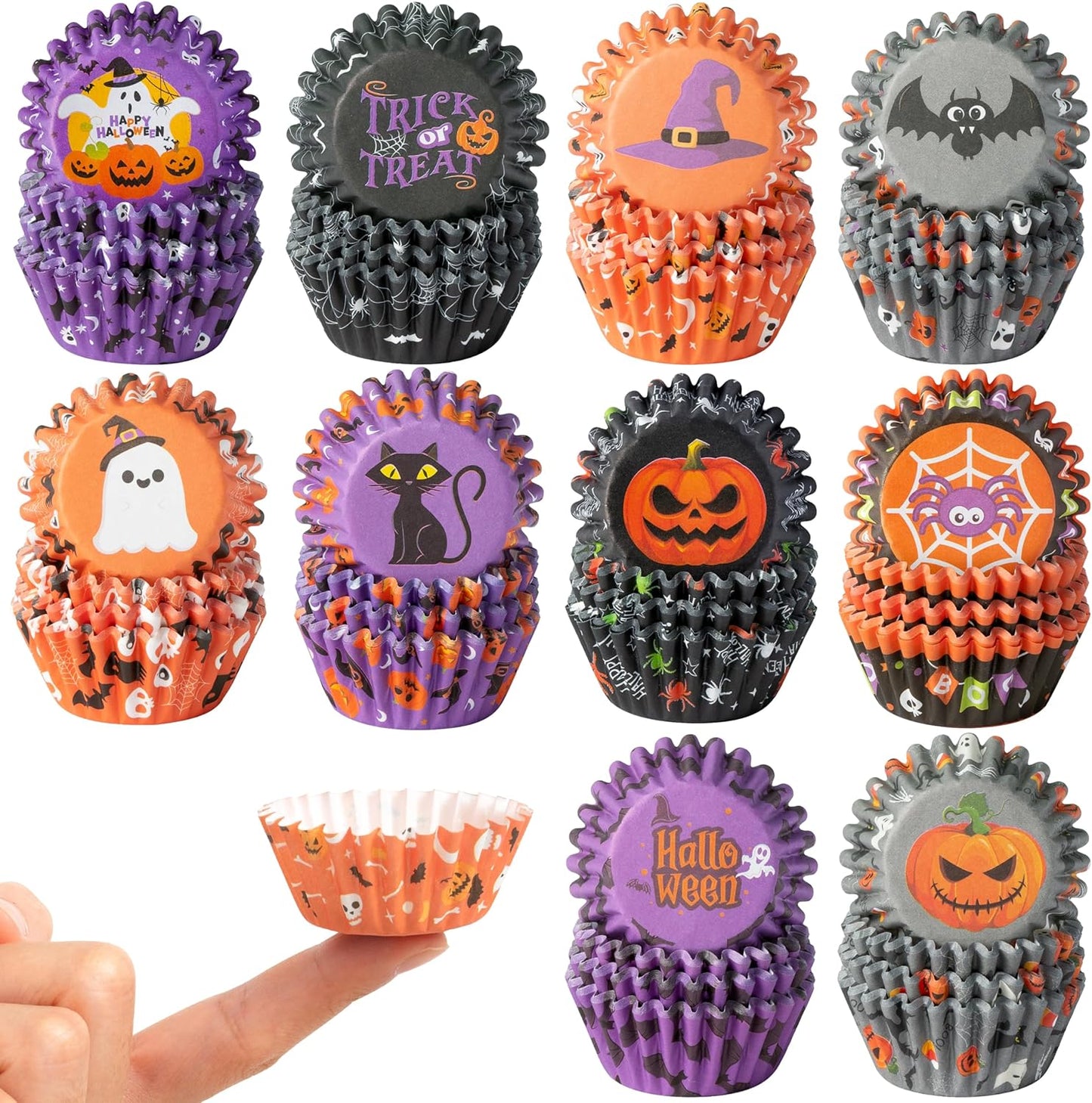 COcnny Halloween Mini Cupcake Liners - 600pcs Halloween Candy Baking Cups Muffin Cupcakes Wrappers, Pumpkin Ghost Skull Disposable Chocolate Cake Wrap Making Supplies for Party (10 Styles)