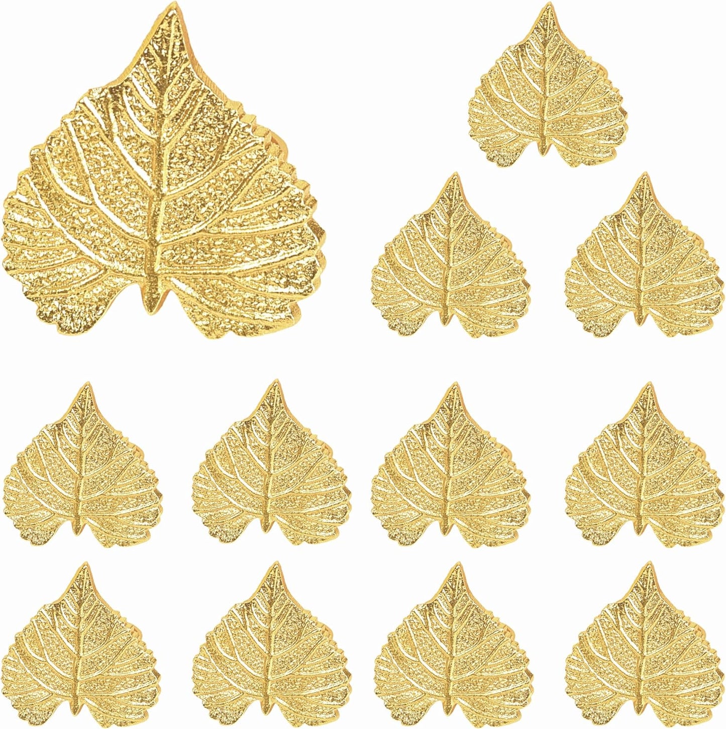 Elegant Handcrafted Leaf Napkin Rings - Set of 12 Premium Aluminum Holders for Dinner Parties, Weddings, Special Occasions & Everyday Dining (Gold) - CLEENTABLE