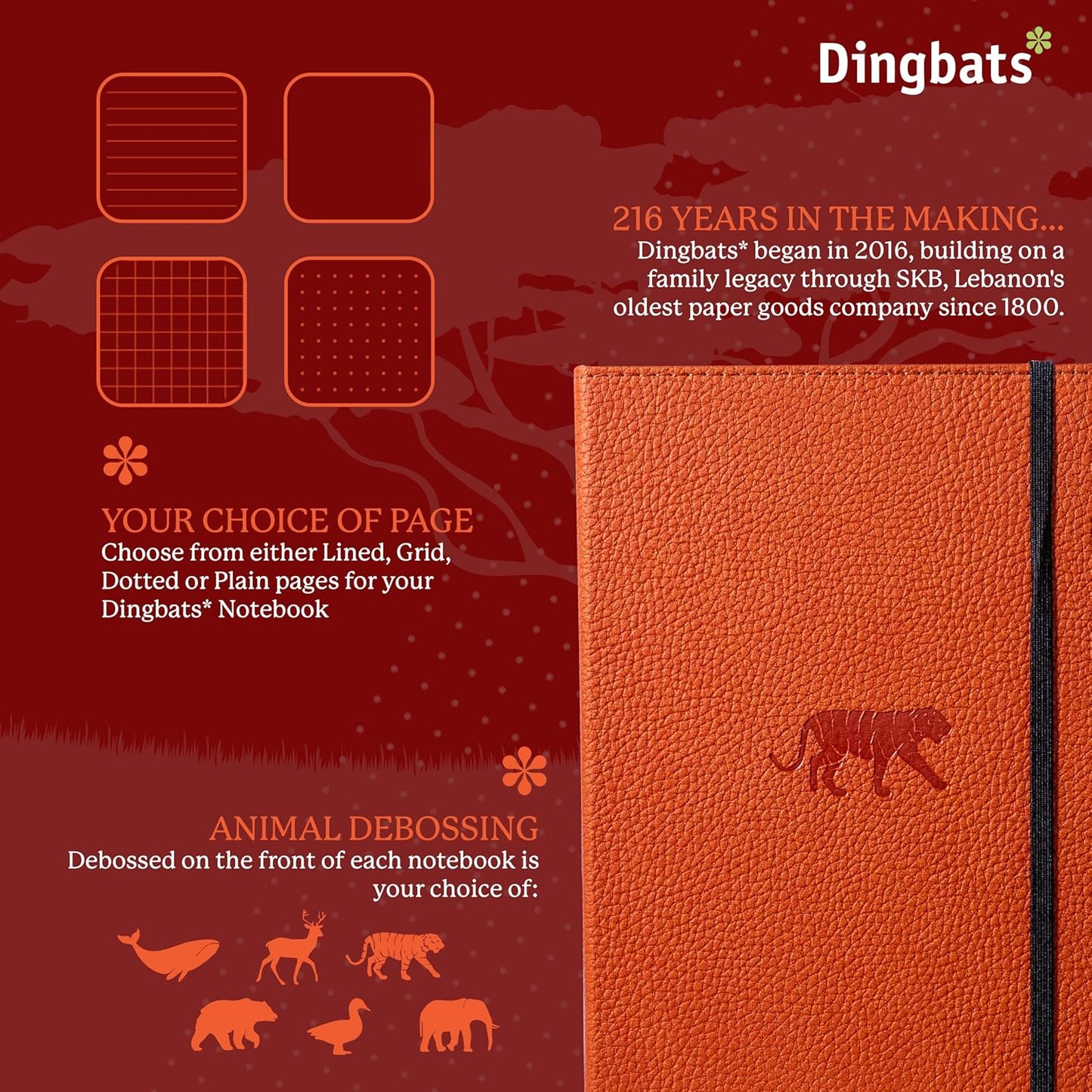 Dingbats* Wildlife Lined Writing Journal Notebook A5 - Vegan Leather Hardcover - Ideal for Work, Travel - Pocket, Elastic Closure, & Bookmark