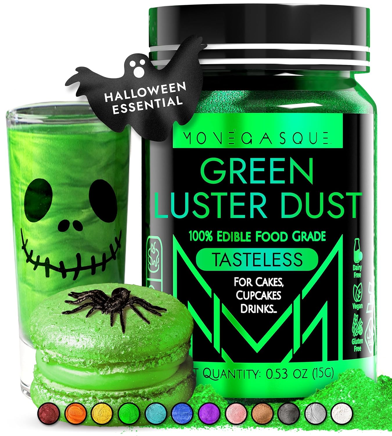 MONÉGASQUE Green Edible Glitter for Drinks 15g – Halloween Edible Glitter for Cakes & Cocktails – Luster Dust for Drinks & Cake Decorating – Cocktail Drink Shimmer Powder – Green Food Coloring Spray