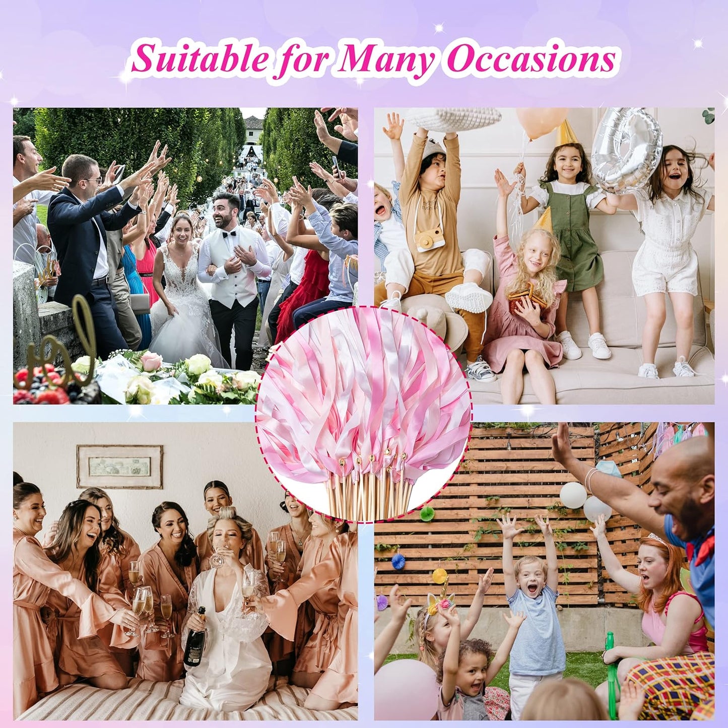 60 Pieces Wedding Colorful Ribbon with Bells, Party Ribbons Streamers Sticks Magic Wish Fairy Wand for Wedding Party Holiday Activities Favors (Pink-100)