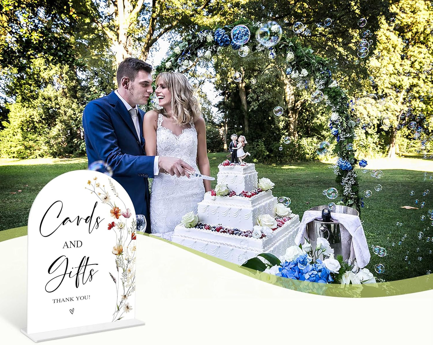 Boho Floral Cards and Gifts Sign, 6 x 8 Inch White Arch Acrylic Wedding Sign with Holder, Wedding Sign for Ceremony and Reception, Wedding Decoration, Wedding Supplies - BX01