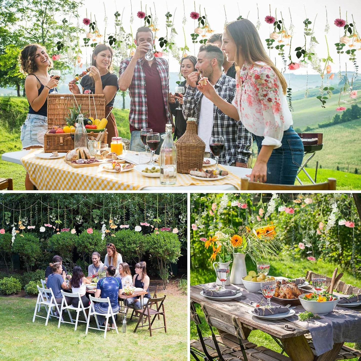 Hoteam 26 Pcs DIY Flower Garland Artificial Hanging Wildflower Backdrop Set Fake Rose Eucalyptus Daisy Poppy Wild Flower Decor for Wedding Party Birthday Home Garden (White,Champagne,Pink)