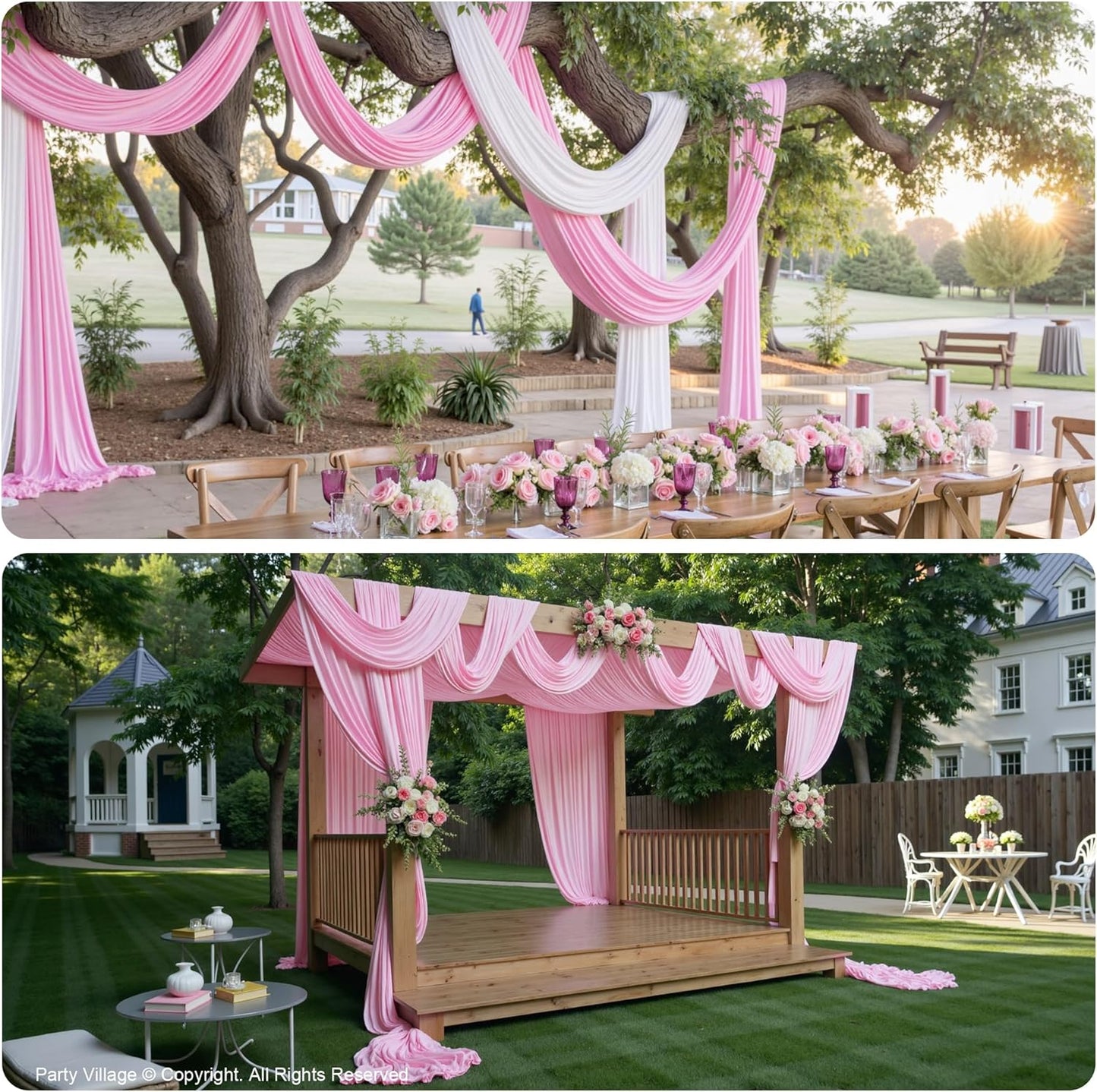 PartyVillage 10 Panels 5ftx30ft Baby Pink Ceiling Drapes for Wedding Parties – 30 FT Extra Long Thick Polyester Wrinkle-Free Drapery Tent Decor Decorations for Birthday Party Ceremony Stage Swag