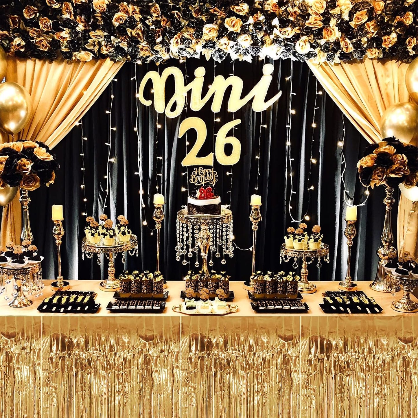 4 Pack 29x108 Inch Metallic Foil Fringe Tinsel Table Skirts for Rectangle Tables Streamer Curtains Backdrop for Christmas, Birthday, Parade Floats, Halloween Party Supplies(Champagne Gold)