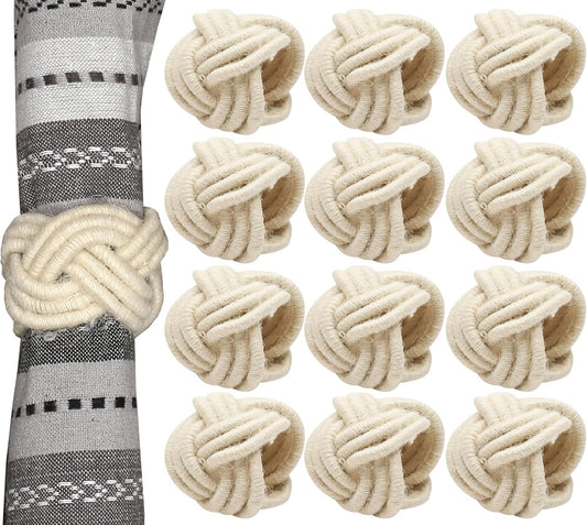 Farmhouse Napkin Ring Set of 12 - Handwoven Cotton & Jute Knot Design for Table Decor, Weddings, Dinner Parties & Everyday Dining - Decorative Adornment for Table Setting (Off White) - CLEENTABLE