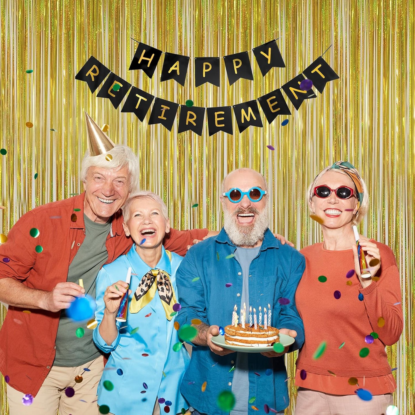 Foil Fringe Curtains Happy Retirement Decorations - Melsan 3 Pack 3.2 x 8.2 ft Gold Tinsel Curtain Party Photo Backdrop for Birthday Party Baby Shower or Graduation