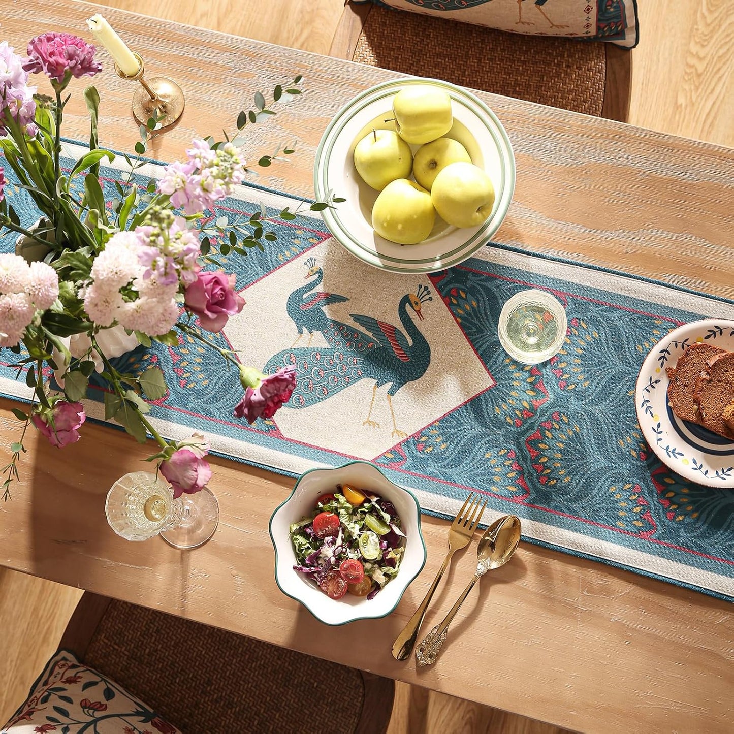 Vintage Blue Peacock Table Runner for Table,Decorative Linen 87 Inches Long Table Runners,Cheesecloth Decor Tabletop for Kitchen,Dining,Tea Party,Home,Christmas,12"*87"