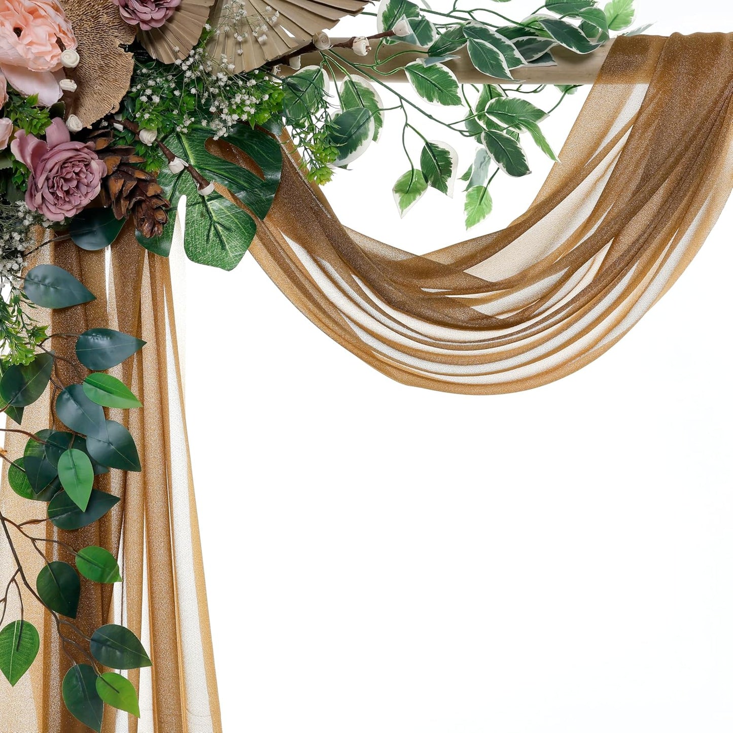 VDS Pack of 3 Panel (30 Inch X 20 Feet) Wedding Arch Draping Fabric Sheer Chiffon Fabric Drapery for Wedding Ceremony Reception Swag Backdrop Canopy Chuppah ARBO Altars Decoration (Mocha)