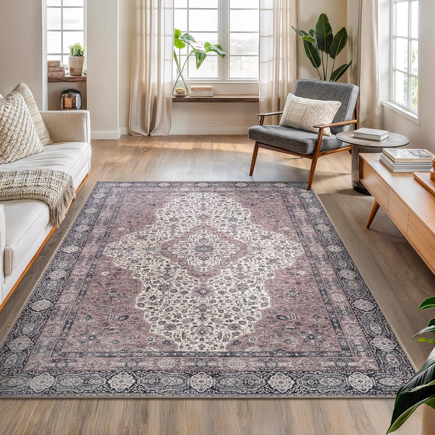 Bloom Rugs Washable Non-Slip 5' x 7' Rug - Cream/Green Traditional Medallion Area Rug for Living Room, Bedroom, Dining Room, and Kitchen - Exact Size: 5' x 7'
