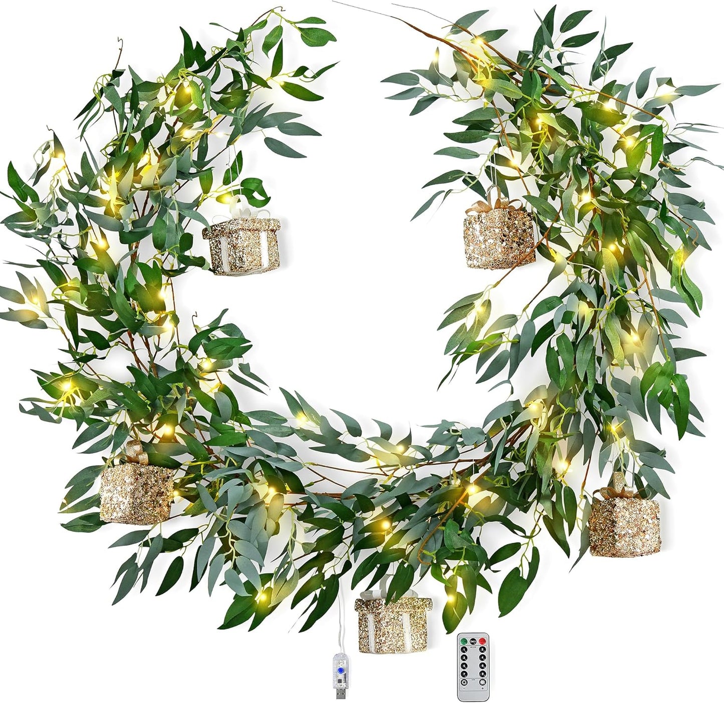 Artificial Willow Garland with Lights & Ornaments – 2-Pack Lighted Greenery Vine, USB Fairy Lights with Remote & Timer for Mantels, Weddings, Fireplace, Holidays, Parties & Everyday Home Decor
