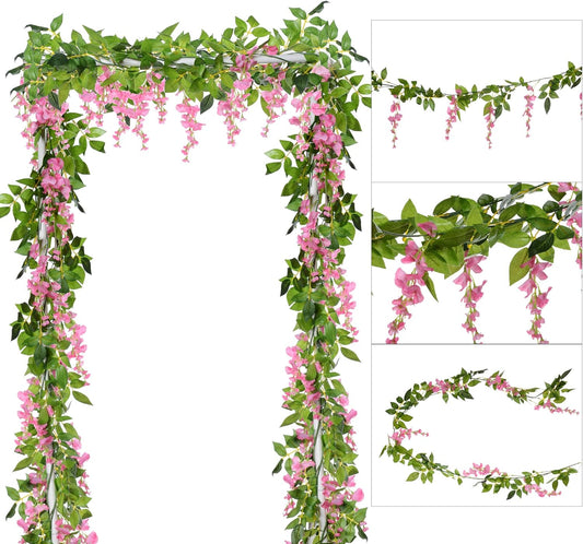 DearHouse 4Pcs 6.6Ft/Piece Artificial Flowers Silk Wisteria Garland Artificial Wisteria Vine Rattan Silk Hanging Flower for Home Garden Outdoor Ceremony Wedding Arch Floral Decor(Pink)