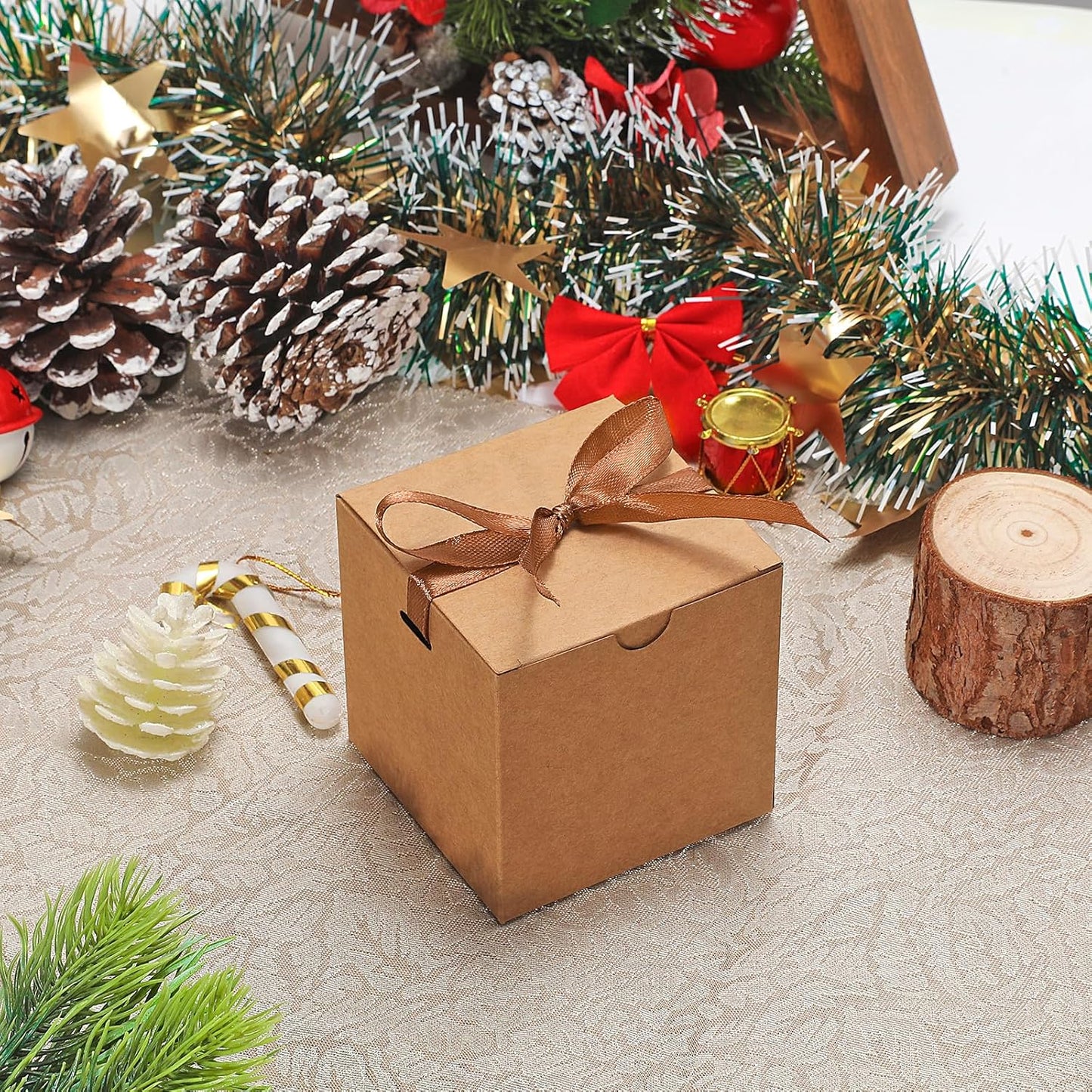 DOYIDE Small Gift Boxes, 60 Pcs 4x4x4 Inch Brown Elegant Paper Box with Ribbons, Party Favor Boxes for Candy Cupcake Christmas Wedding Baby Shower Bridesmaids Birthday