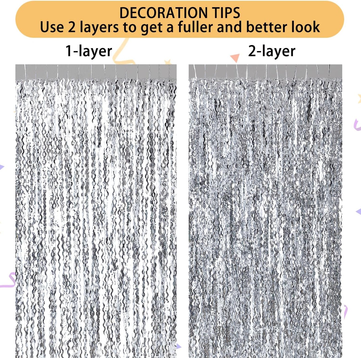 3 Pack Wave Silver Tinsel Curtain - 3.3x6.6 Feet Foil Streamers Birthday Party Decorations Wedding Background Decor Photo Booth Props