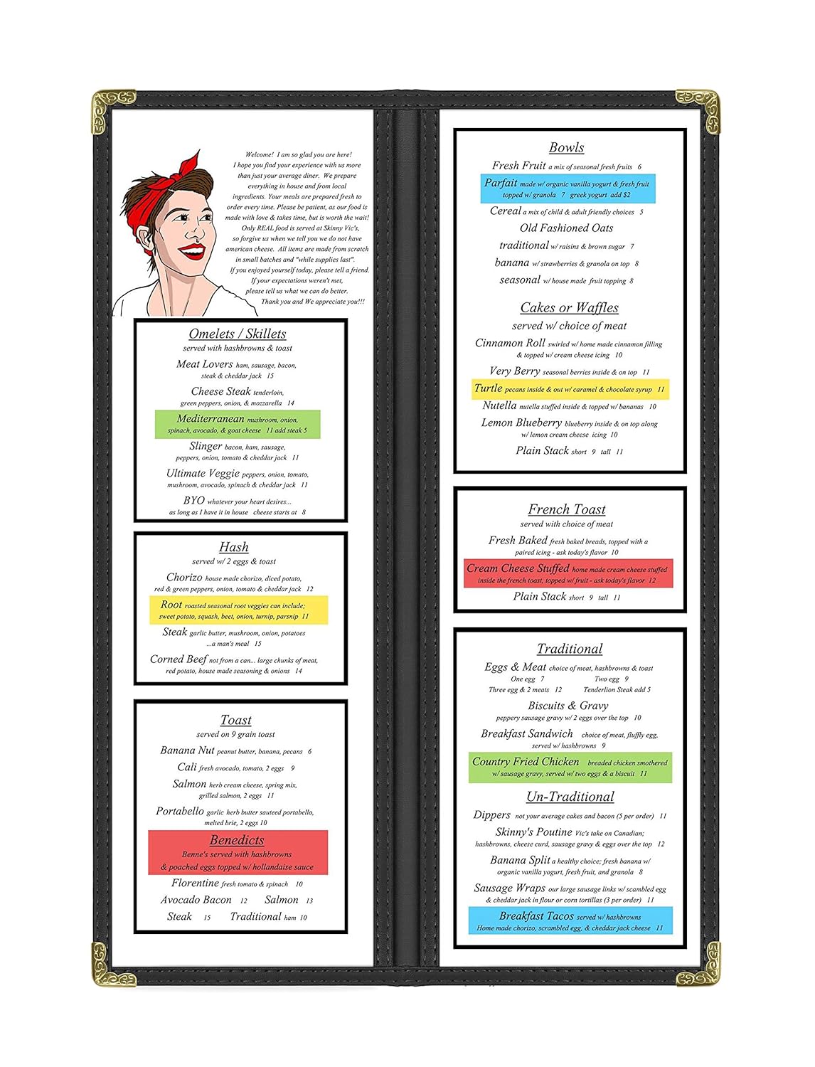 Goodsmart Restaurant Menu Covers - 25 Pack Black 2 Pages / 4 Views 4.25" x 14", Top-Loading Vinyl Menu Holders with Clear Sleeves, Double-Stitched Edge, Leather-Style Café Covers with Gold Corners