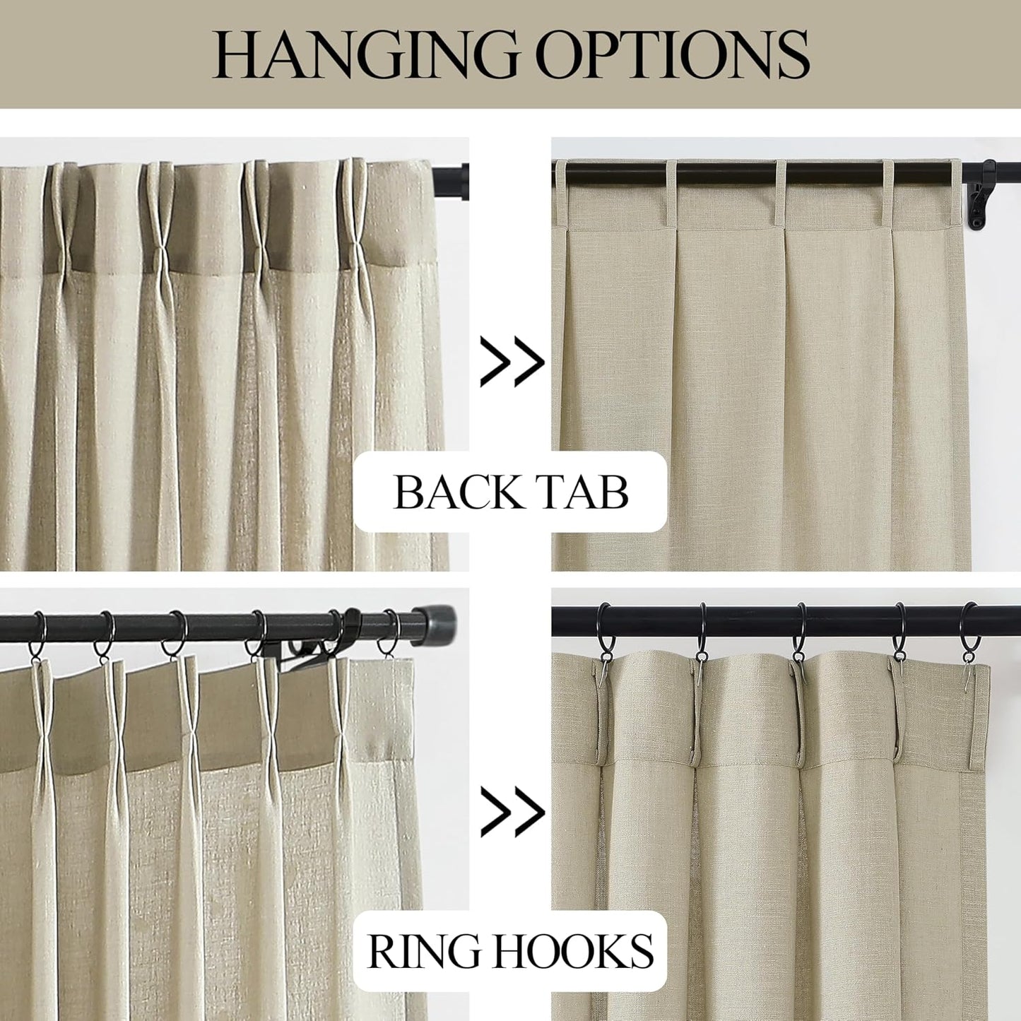 Vision Home Sand Pinch Pleated Semi Sheer Curtains Textured Linen Blended Light Filtering Window Curtains 112 inch for Living Room Bedroom Pinch Pleat Drapes with Hooks 2 Panels 40" Wx112 L