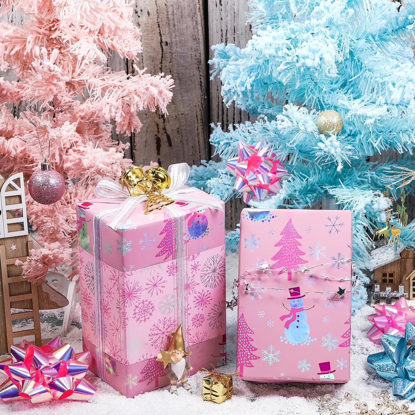 LeZakaa Christmas Pink Wrapping Paper Jumbo Roll, Snowman Christmas Tree & Snowflake Metallic Foil, Rose Gold Foil Reversible Design for Festive Winter Holiday, Family Gathering, 30 inches x 100 Feet