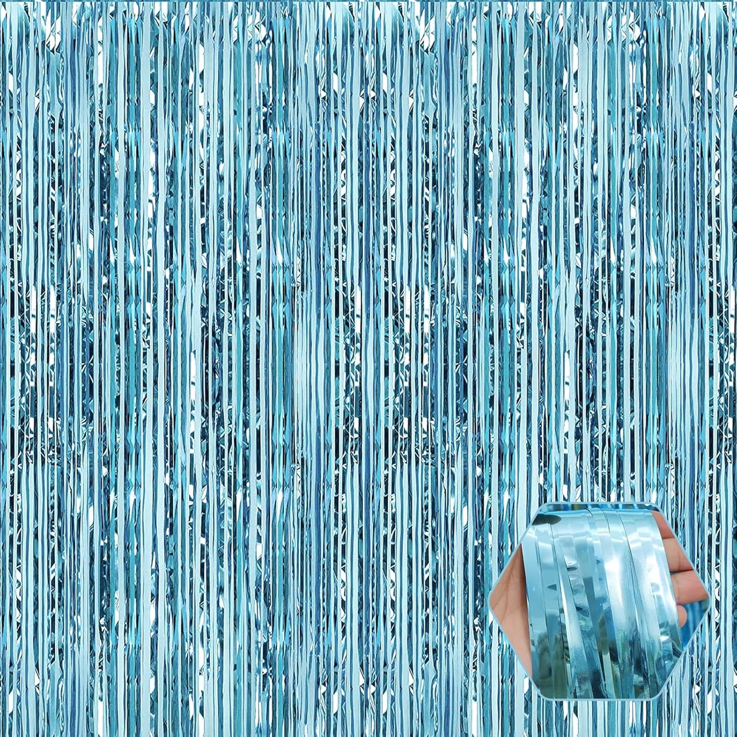 3 Pack Light Blue Foil Fringe Curtain Backdrop, 3.28Ft x 8.2Ft Metallic Tinsel Foil Fringe Streamer Curtains for Photo Booth, Christmas Day, Thanksgiving, Wedding, New Year Party Decorations