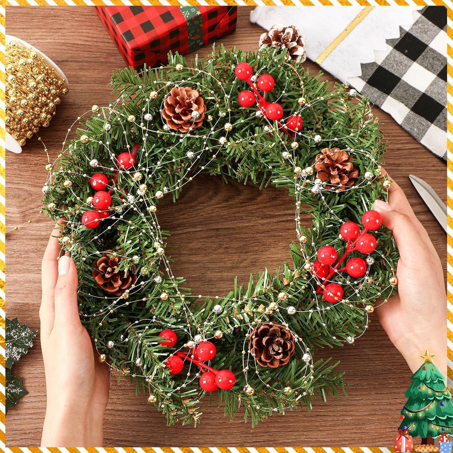 JULBEAR Beads Garland Decoration,1 Rolls 131 Feet Gold Christmas Pearl Strands Chain Bead Garland for Christmas Tree Fireplace Wreath Gift Bouquet Crafts Wrapping Wedding Party Centerpieces Decoration