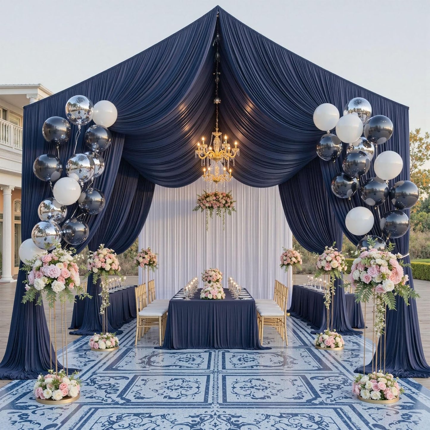 PartyVillage 20ftx40ft Navy Blue Ceiling Curtain for Wedding Parties – 4 Panels Wrinkle-Free 40 FT Long Tent Draping Curtains for Wedding, Birthday & Theme Parties, 40ft Height with Rod Pocket