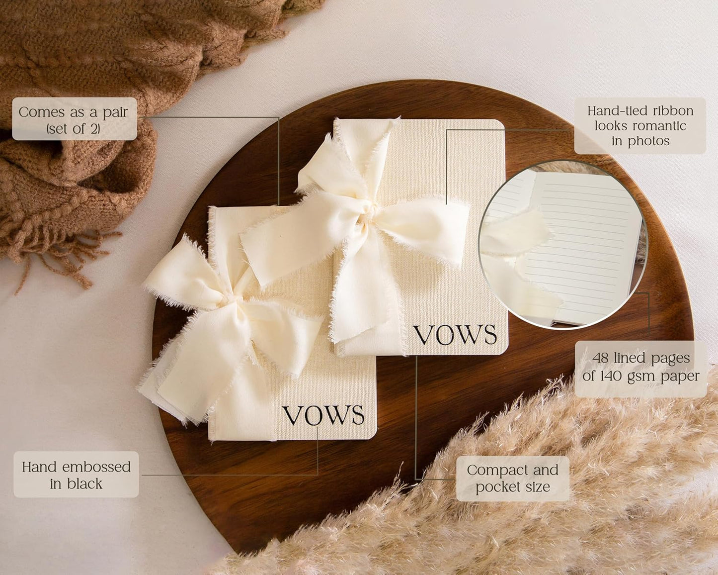 Cream Embossed Slim Vow Books w/Ribbon (Set of 2) - 5.625 x 4 Minimalist Pocket Sized Wedding Ceremony Vow Renewal Speech Notebook Journal