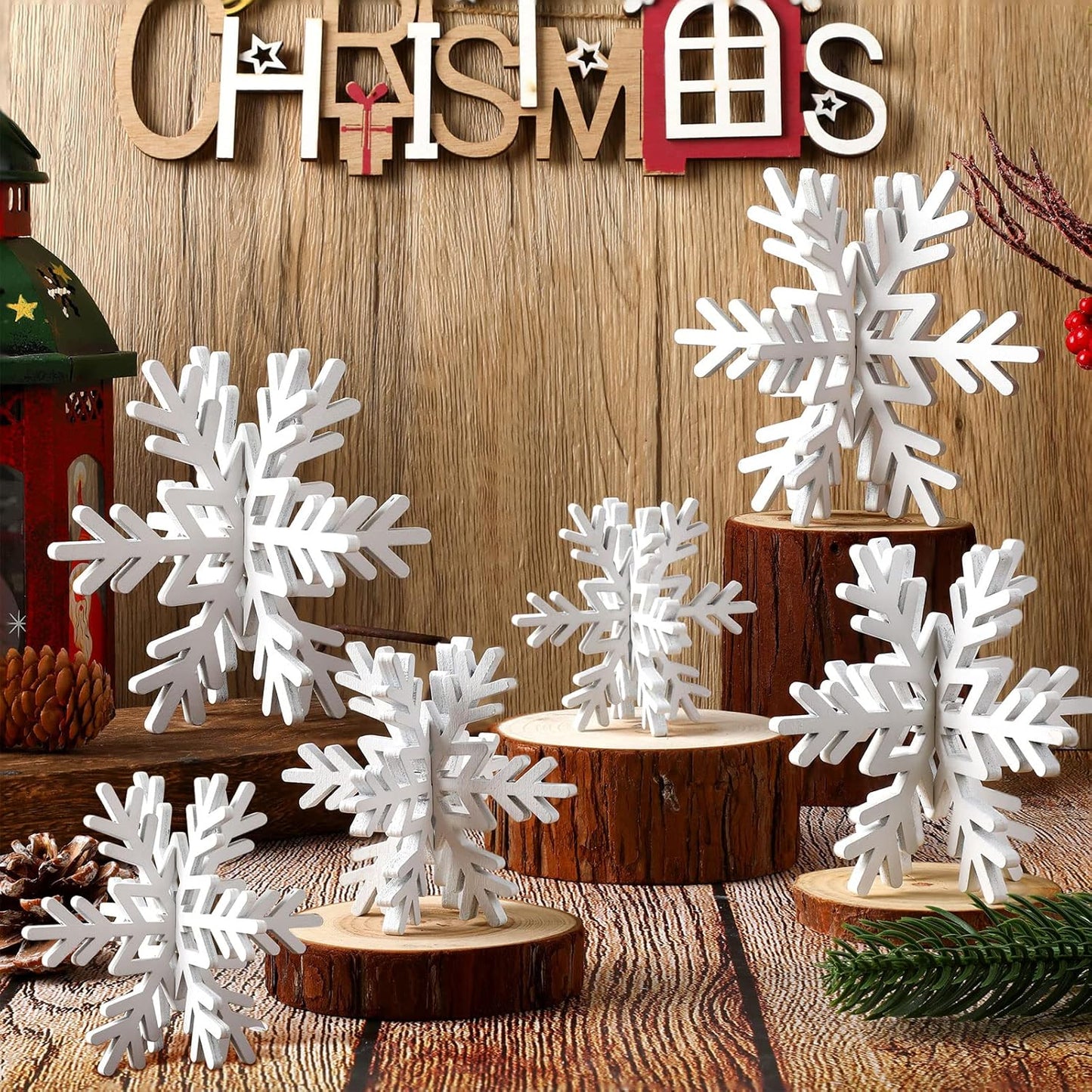 Bucherry 12 Pcs Wooden Snowflake Table Decor 3D Snowflake Tabletop Signs and Centerpiece for Christmas Xmas Winter Wonderland Decorations Home Party(White)