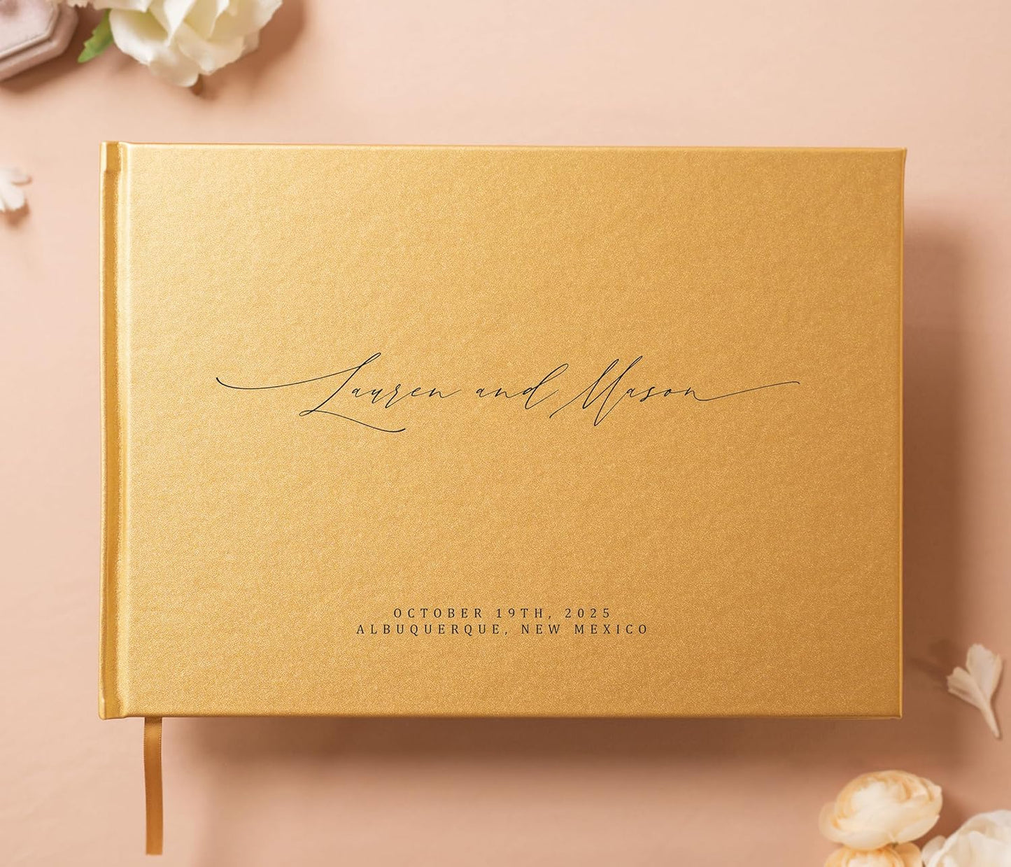 MUUJEE Personalized Guestbook in Gold - Premium Custom Modern Guest Book for Wedding Reception, Birthday Party or Events w/Bookmark Blank Pages for Signing 11.5 x 8.5 inches