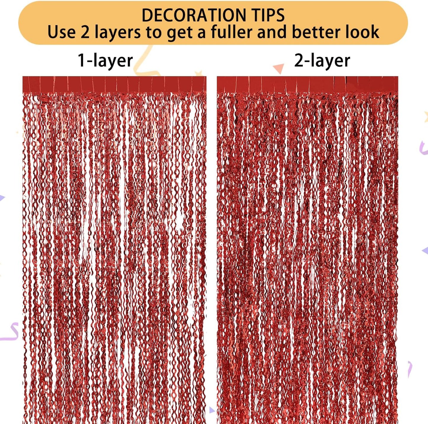 3 Pack Red Aluminium Foil Curtains, 3.3ft x 6.6ft, Wavy Shape, for Party Decorations & Photo Background