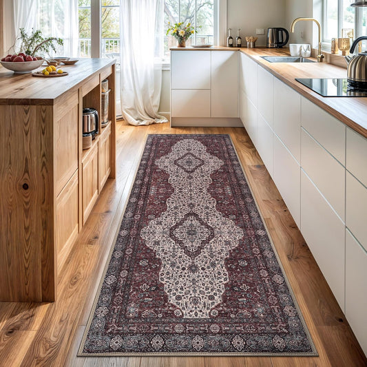 Bloom Rugs Washable Non-Slip 10 ft Runner - Red/Green/Cream Traditional Medallion Runner for Entryway, Hallway, Bathroom, and Kitchen - Exact Size: 2.5' x 10'