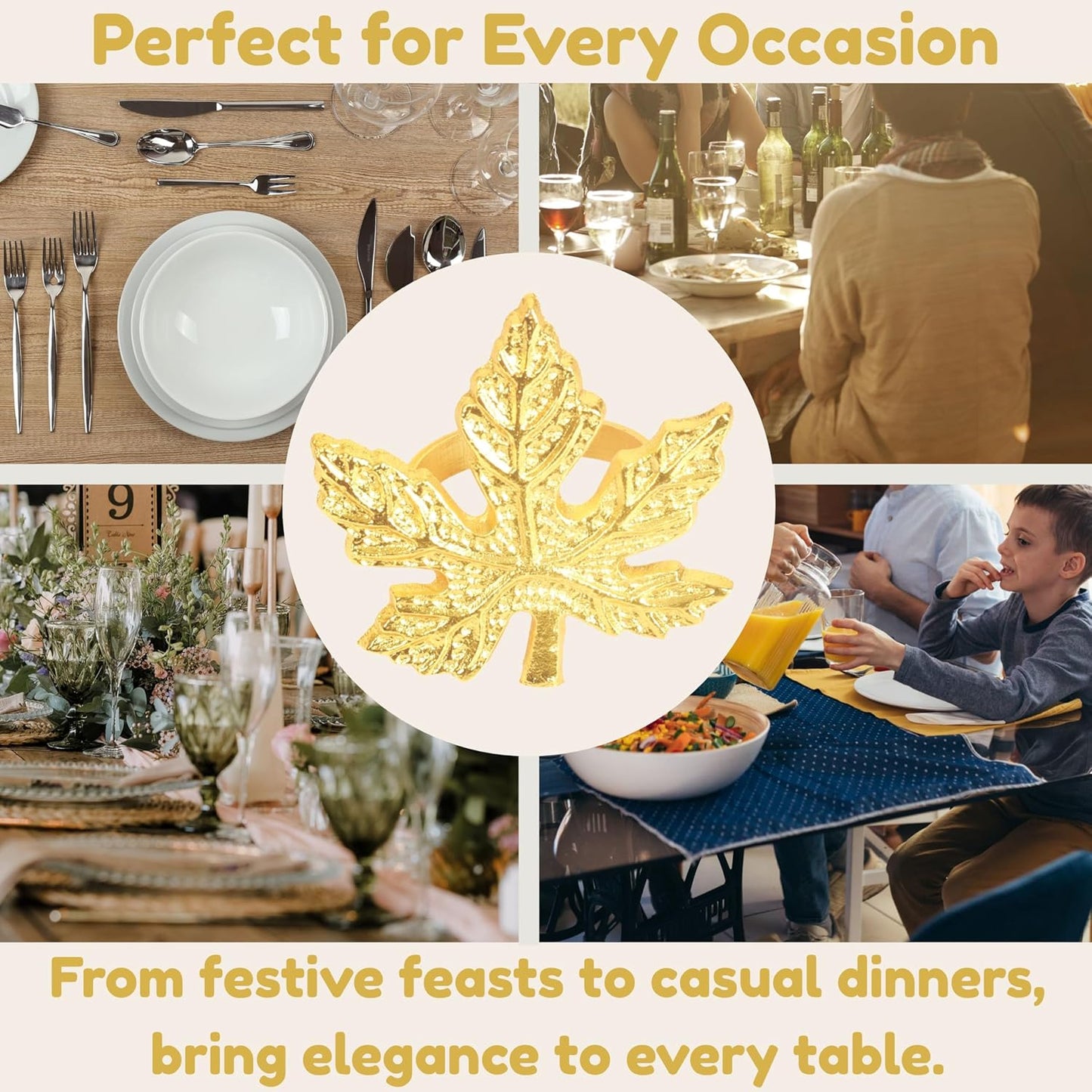Elegant Handcrafted Leaf Napkin Rings - Set of 12 Premium Aluminum Holders for Dinner Parties, Weddings, Special Occasions & Everyday Dining (Gold) - CLEENTABLE