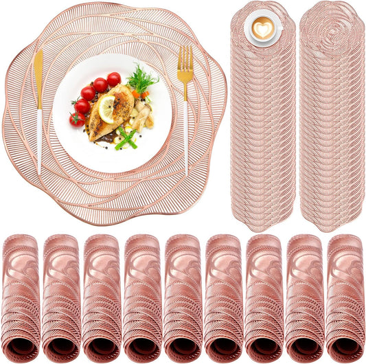 Sieral 48 Set 15 Inch Round Pressed Vinyl Placemats Hollow Out Rose Placemat Set Metallic Slip Resistant Place Mat Coaster Including Place Mats and Coasters for Wedding Dining Kitchen (Rose Gold)