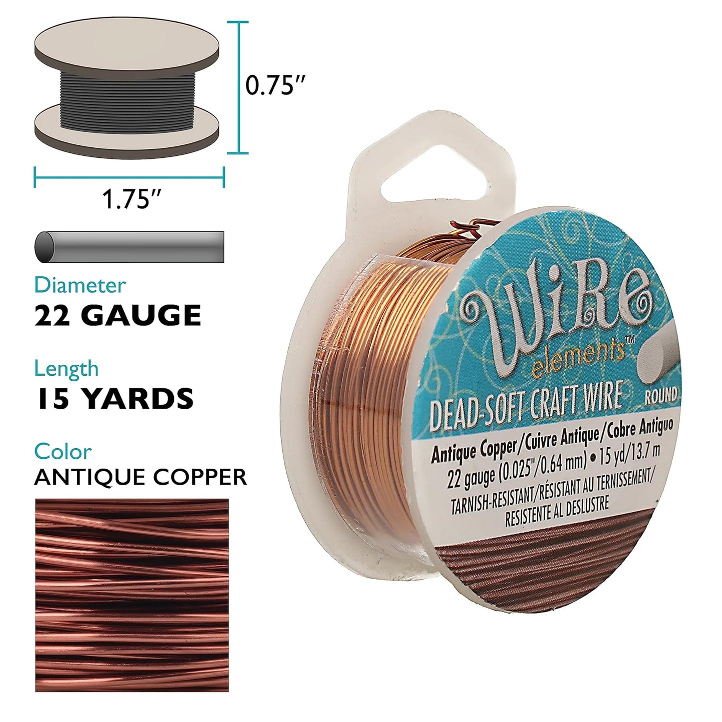 The Beadsmith Wire Elements Craft Wire – Tarnish Resistant, Soft Temper, Round, Antique Copper Color – 0.64mm, 22 Gauge, 15 Yard Spool – Jewelry Making, Wire Wrapping, Floral, & Other DIY Crafts
