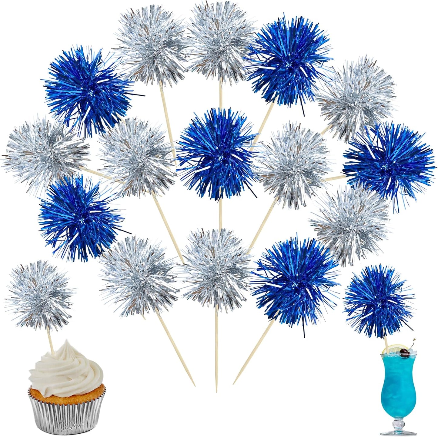 Ephlyn 30Pcs Foil Firework Cupcake Toppers Party Birthday Cake Toppers Supplies Sparkle Tinsel Cocktail Fruit Toothpick for Birthday Wedding Graduation Party Supplies Dark Blue Silver