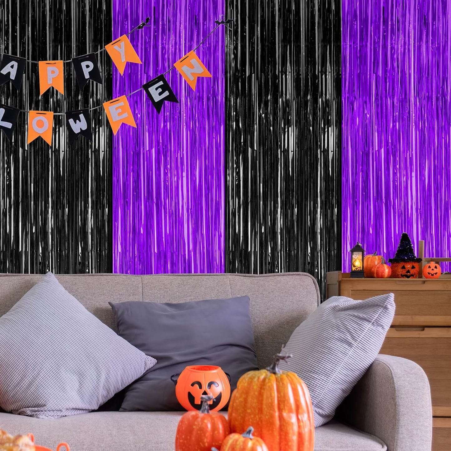 2 Pack Halloween Decor, 3.28 FT x 7.05 FT Purple and Black Foil Streamer, Metallic Fringe Curtains Tinsel Backdrop Party Streamer, Indoor Halloween Decorations Party Supplies Photo Booth Props