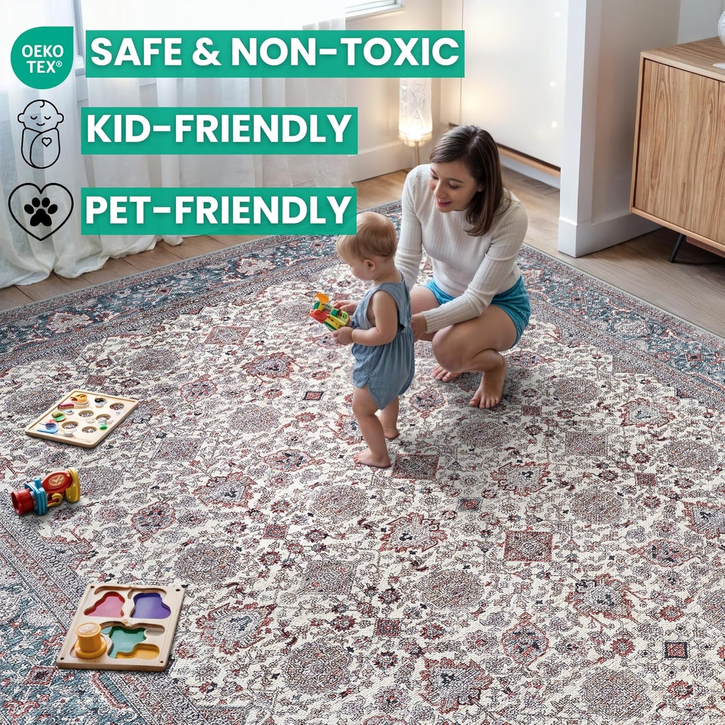 Bloom Rugs Washable Non-Slip 5' x 7' Rug - Teal/Blue/Beige Traditional Oriental Area Rug for Living Room, Bedroom, Dining Room, and Kitchen - Exact Size: 5' x 7'