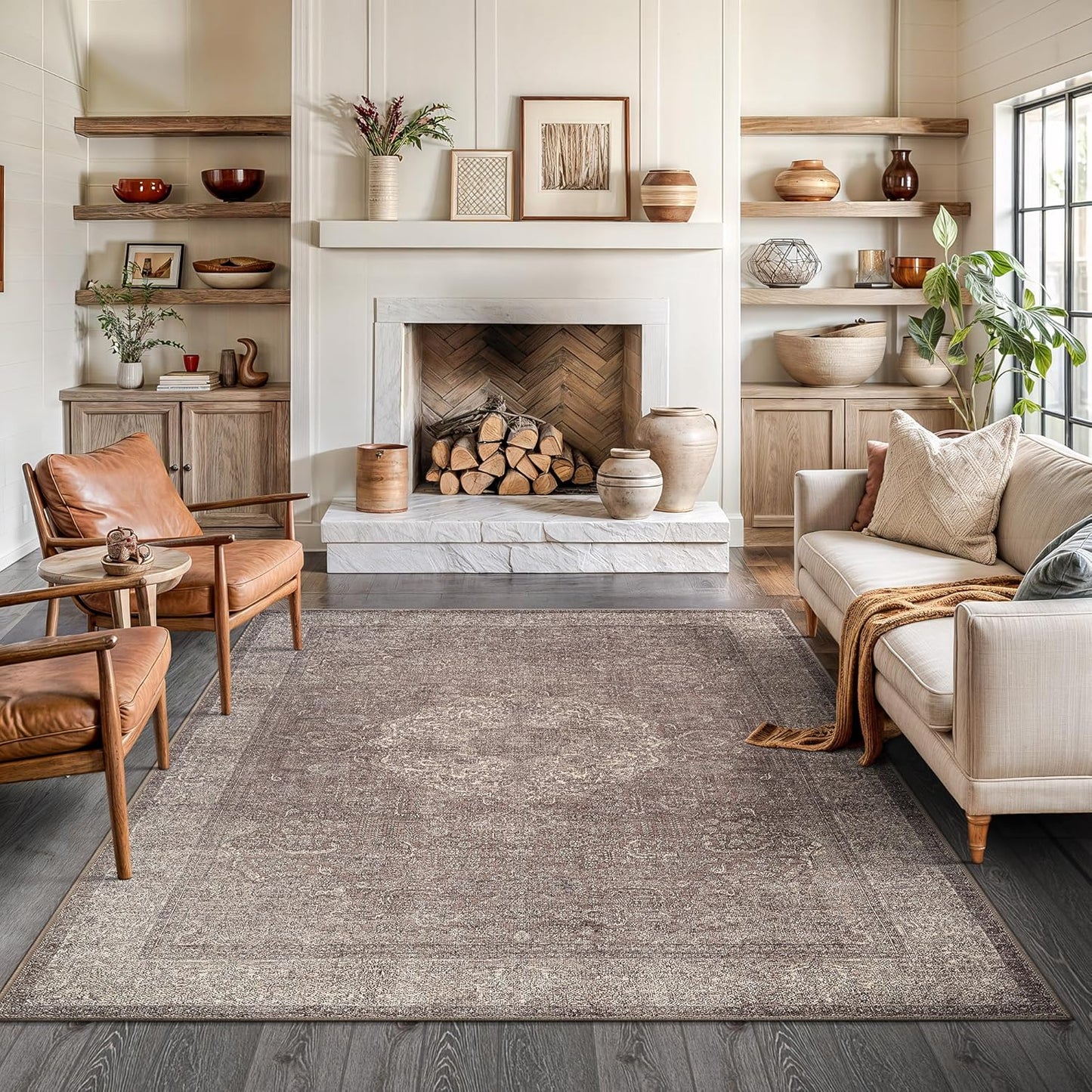 Bloom Rugs Washable Non-Slip 6' x 9' Rug - Taupe/Beige Traditional Medallion Area Rug for Living Room, Bedroom, Dining Room, and Kitchen - Exact Size: 6' x 9'