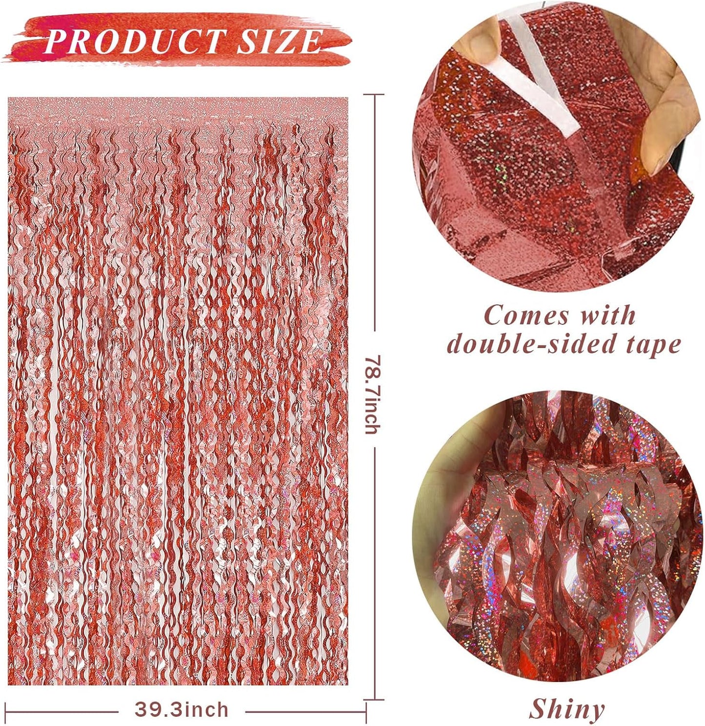 Rose Gold Tinsel Foil Fringe Curtains Wavy Backdrop for Parties Sparkle Metallic Wavy Foil Fringe Backdrop Curtain Photo Booth Props Birthday Graduation Wedding Bachelorette Party Decorations