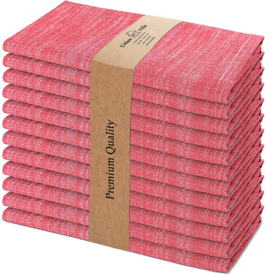 Urban Villa Dinner Napkins Red White Chambray Cloth Napkins (Set of 12) Oversized 20x20 Inches 100% Cotton Slub Premium Quality Soft Durable Mitered Corners Reusable Washable Everyday Use Napkins