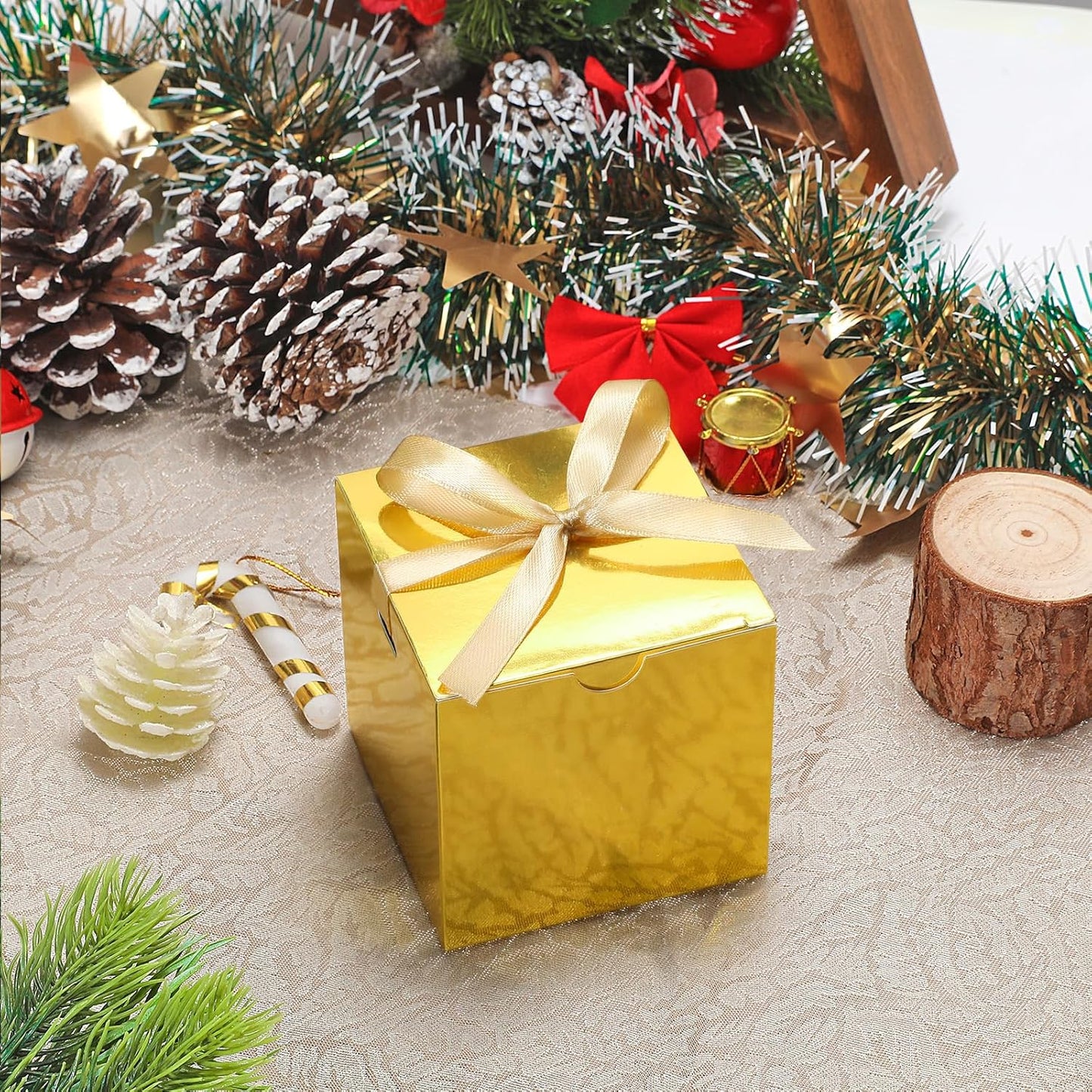 DOYIDE Small Gift Boxes, 60 Pcs 4x4x4 Inch Gold Elegant Paper Box with Ribbons, Party Favor Boxes for Candy Cupcake Christmas Wedding Baby Shower Bridesmaids Birthday