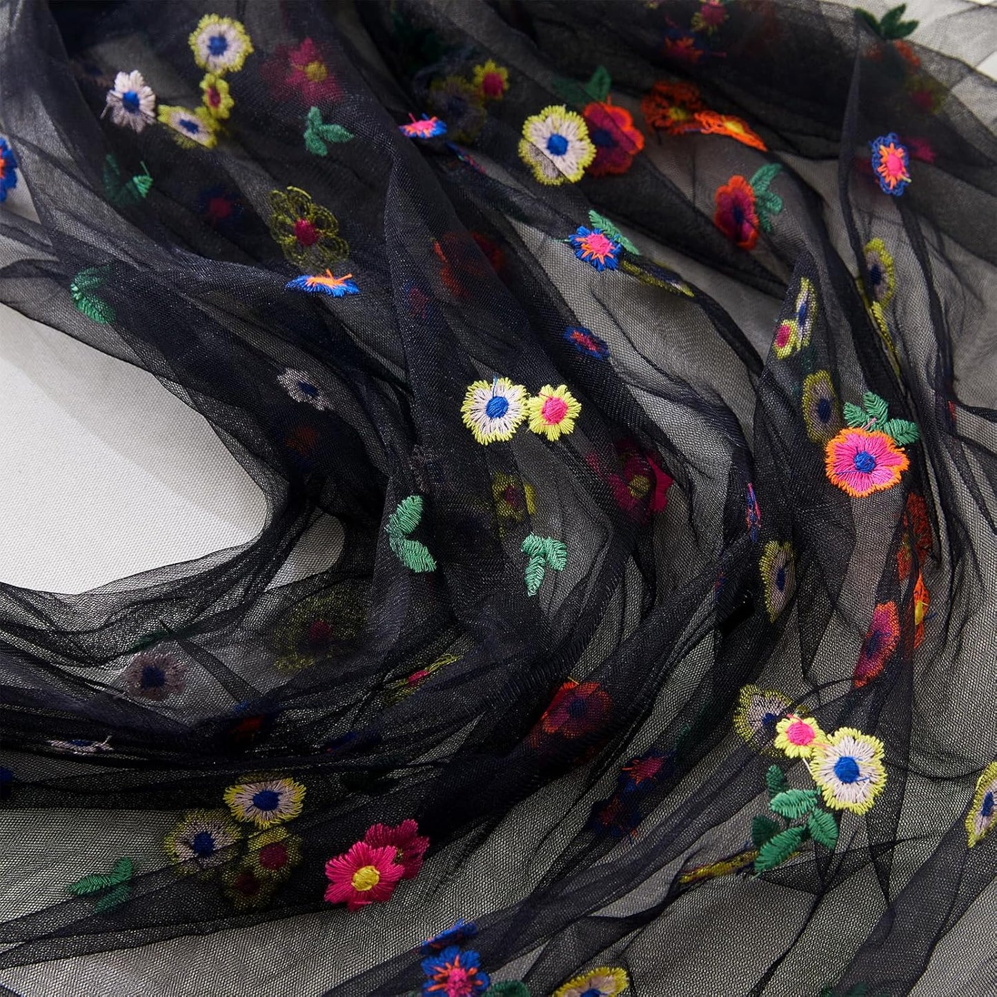 JIALE 3 Pack Black Floral Table Runner, Embroidery Daisy Seasonal Table Decorations, 120Inch 10FT Tulle Fabric for Home Decor, Bridal Shower Wedding, Baby Shower Parties, DIY Craft