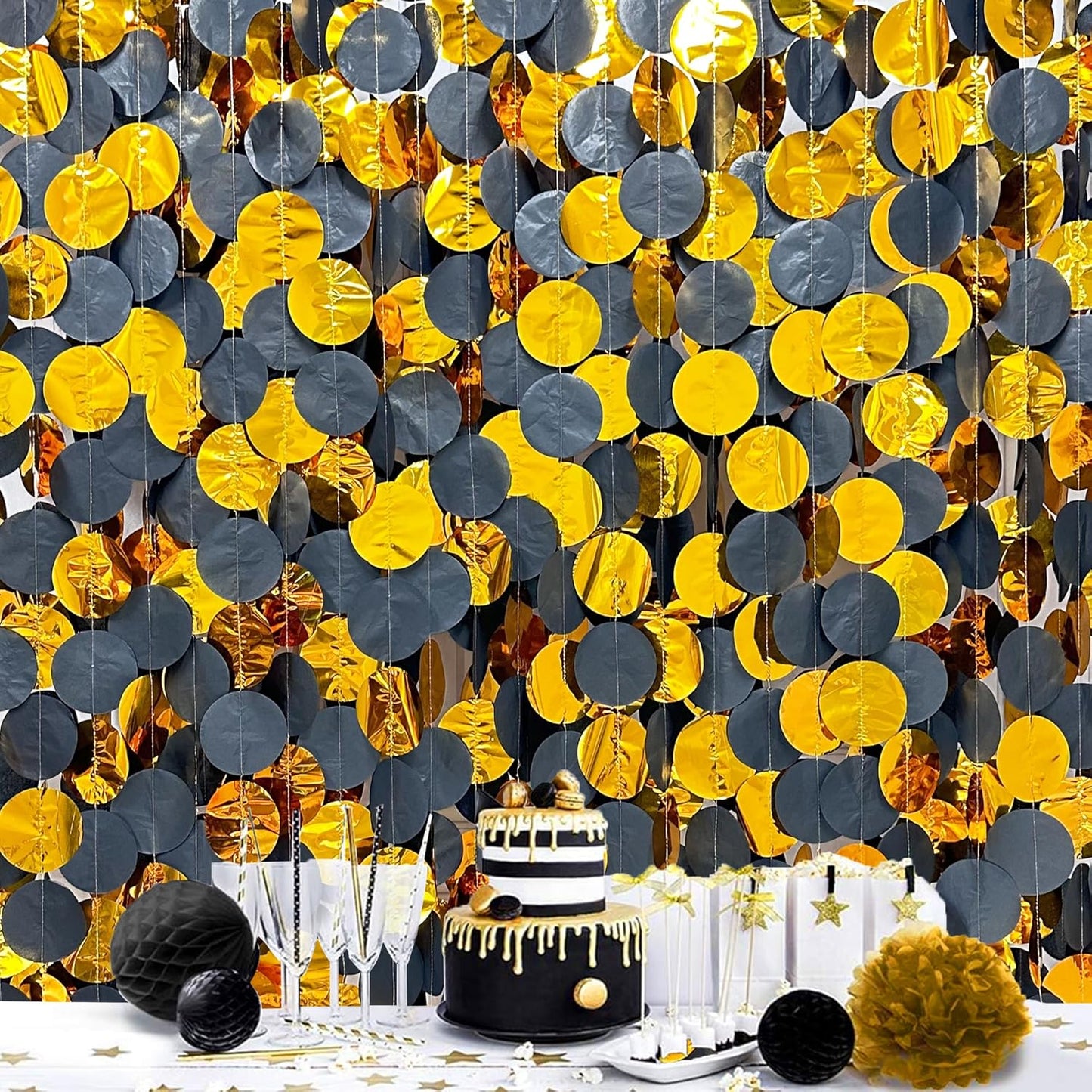 205Ft Black Gold Party Decorations Circle Dot Garland Backdrop Black Tissue Paper Gold Foil Polka Dot Streamer for Graduation Birthday Anniversary Halloween Christmas Holiday New Year Party Supplies
